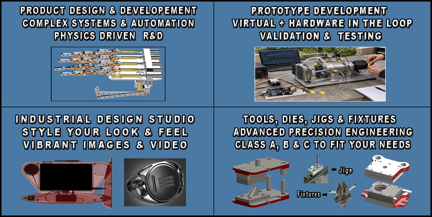 Product design and development, complex systems and automation, physics driven R&D; prototype development with virtual and hardware in the loop validation and testing; industrial design studio; tools, dies, jigs and fixtures.