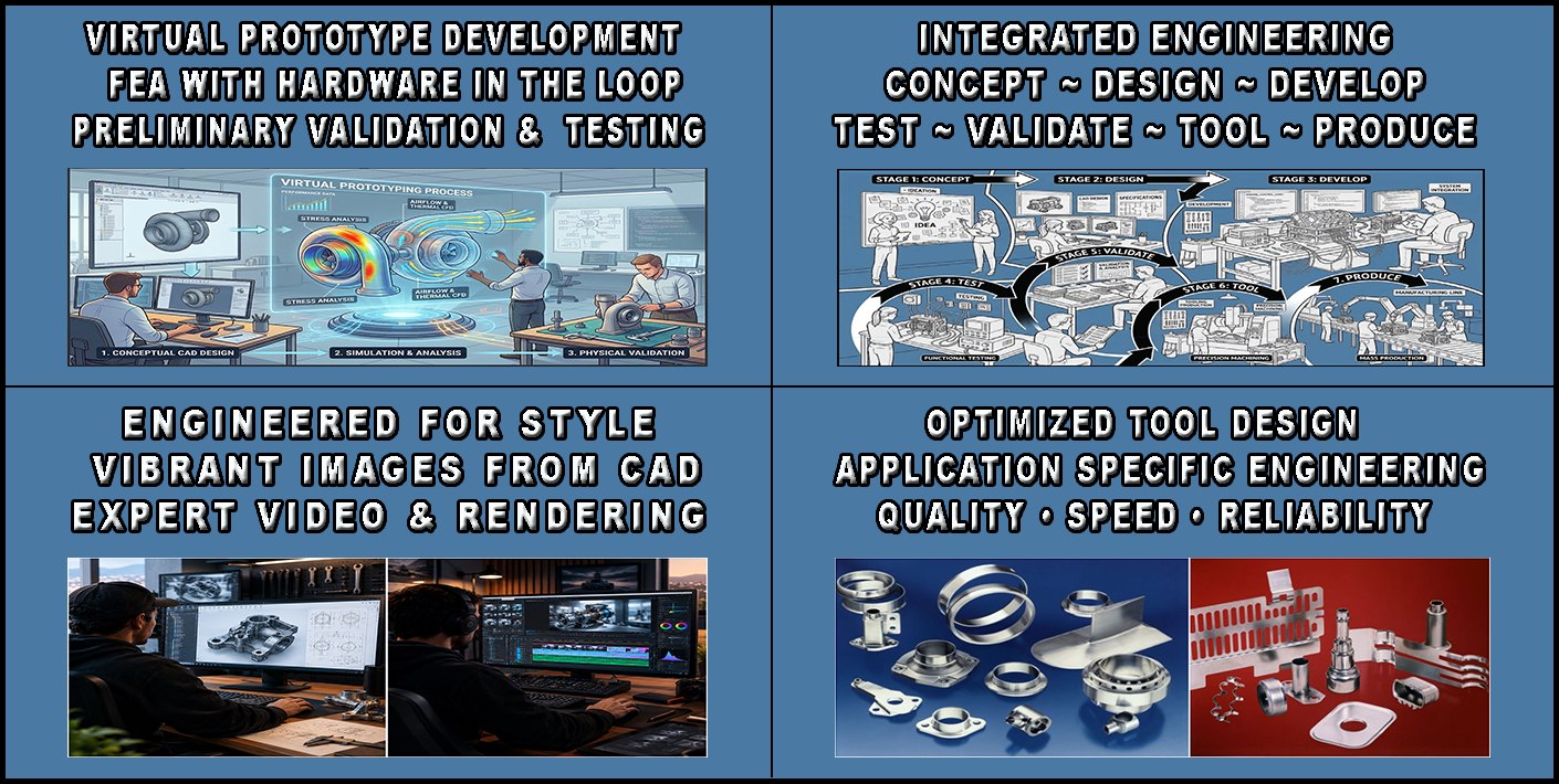 Virtual prototype development, FEA with hardware in the loop; integrated engineering from concept through produce; engineered for style with CAD imagery and video; optimized tool design.