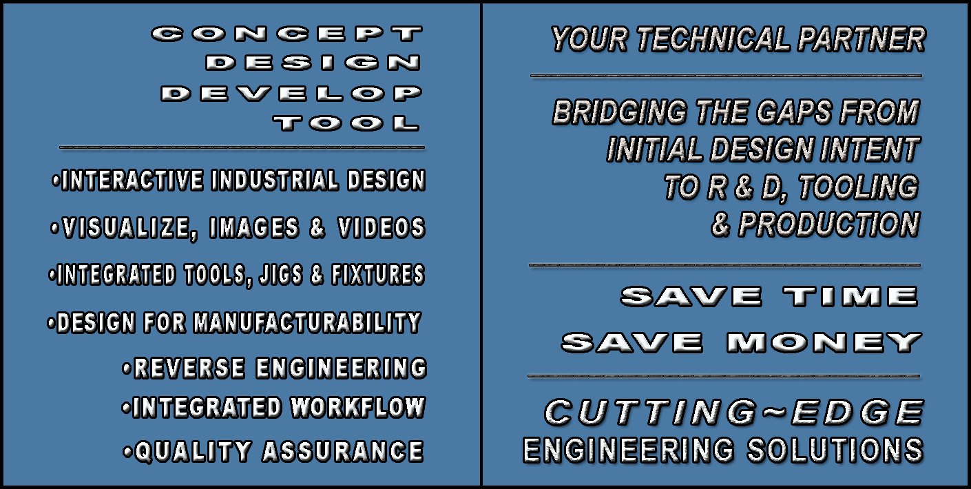 Concept, design, develop, tool: interactive industrial design, visualization, integrated tools jigs and fixtures, design for manufacturability, reverse engineering, integrated workflow, quality assurance. Bridging the gaps from initial design intent to R&D, tooling and production.