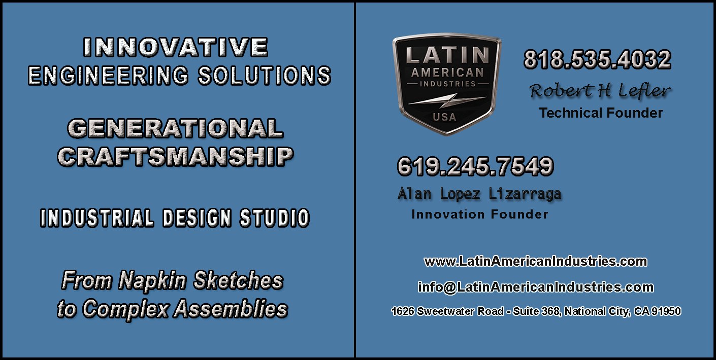 Innovative engineering solutions, generational craftsmanship, industrial design studio, from napkin sketches to complex assemblies. Contact details for Latin American Industries.